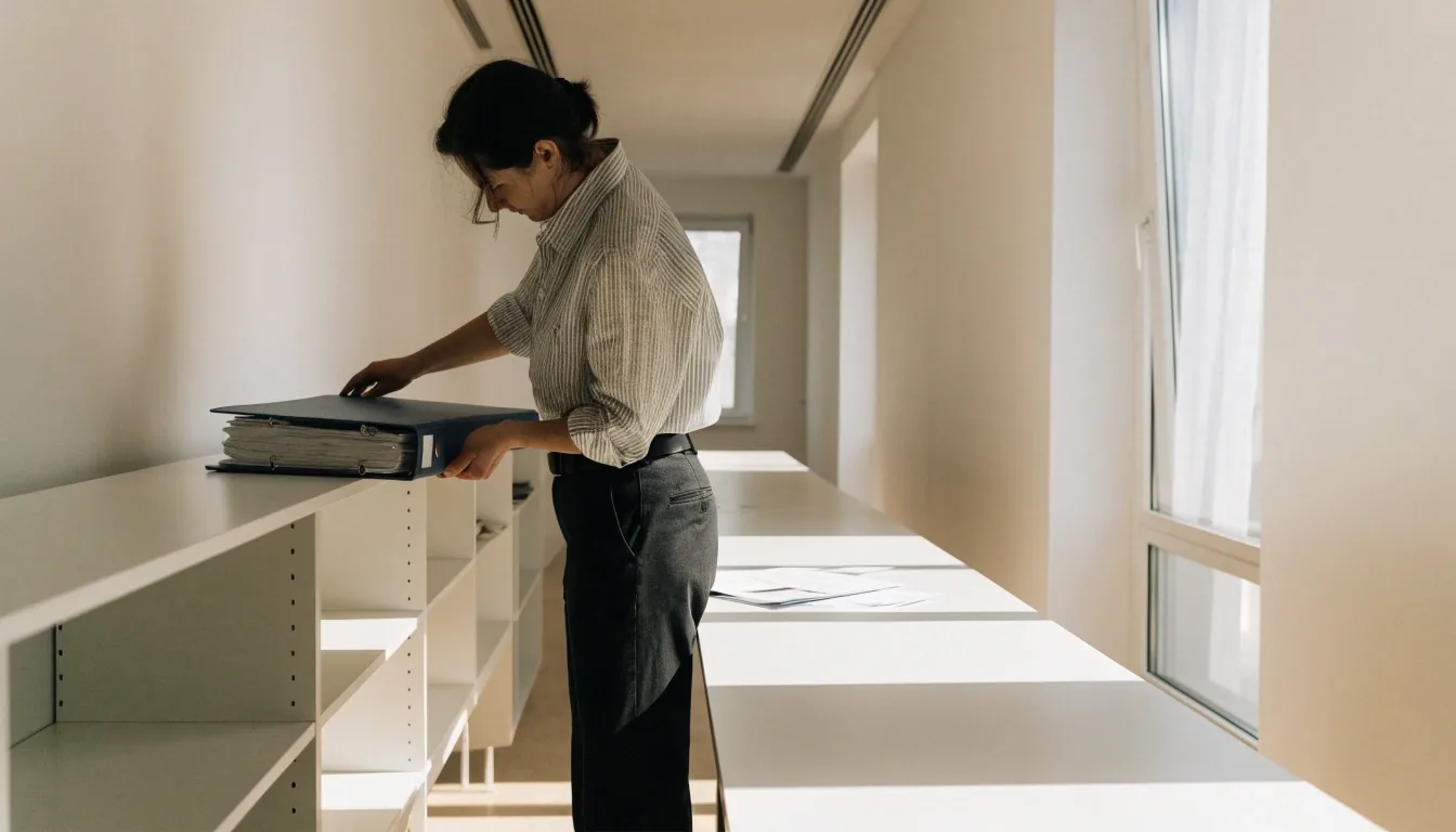 Documentation coordinator reviewing a printed policy binder at a long table in a bright office