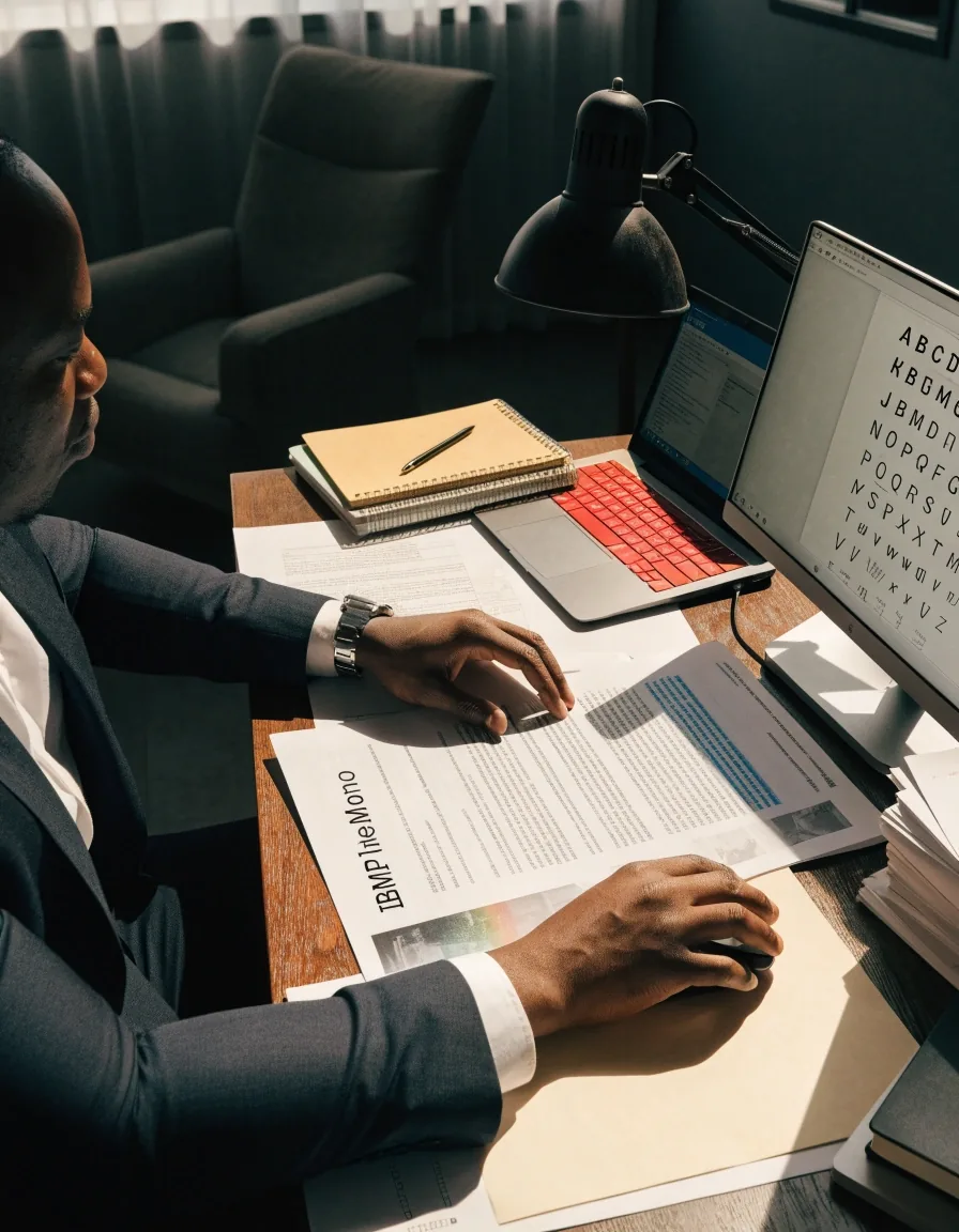Editor's hands marking a printed policy draft beside a keyboard on a pale desk