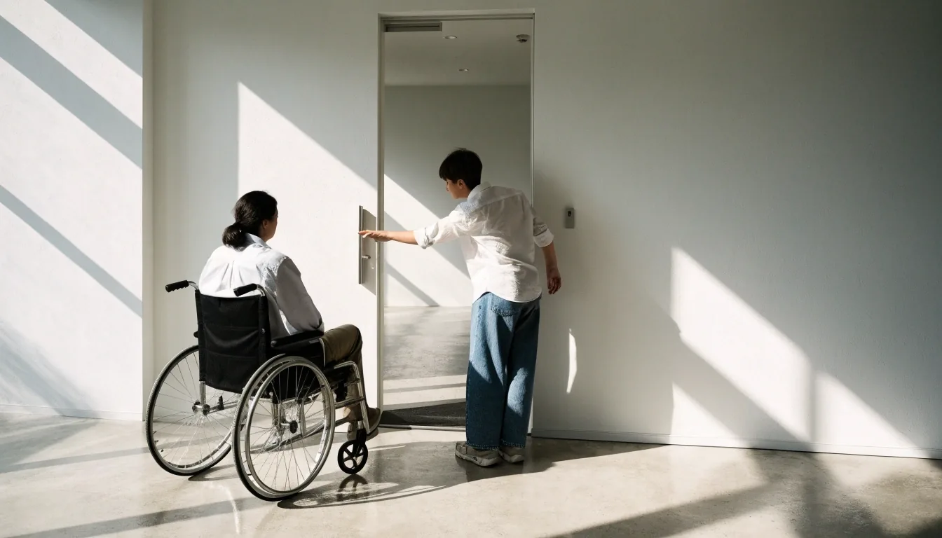 A person using a wheelchair moving through a bright corridor while a colleague takes notes on a blank form