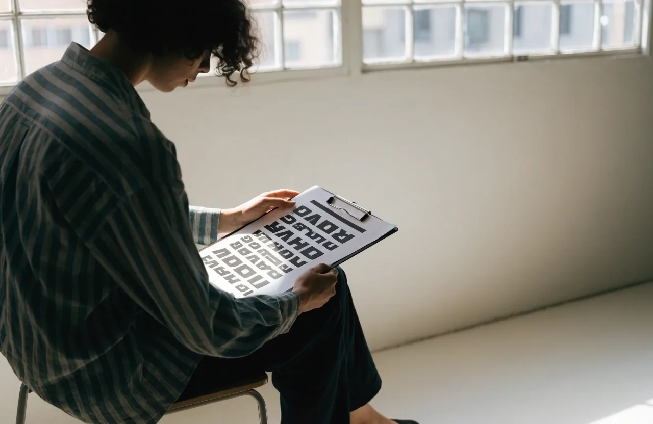 A person reading a large-print page in a plain, brightly lit room