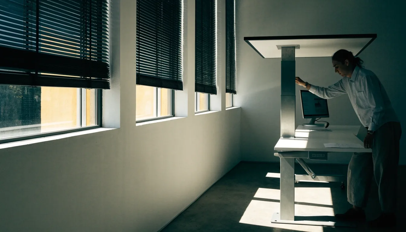 A quiet reading room with empty pale desks and tall windows at the end of the day