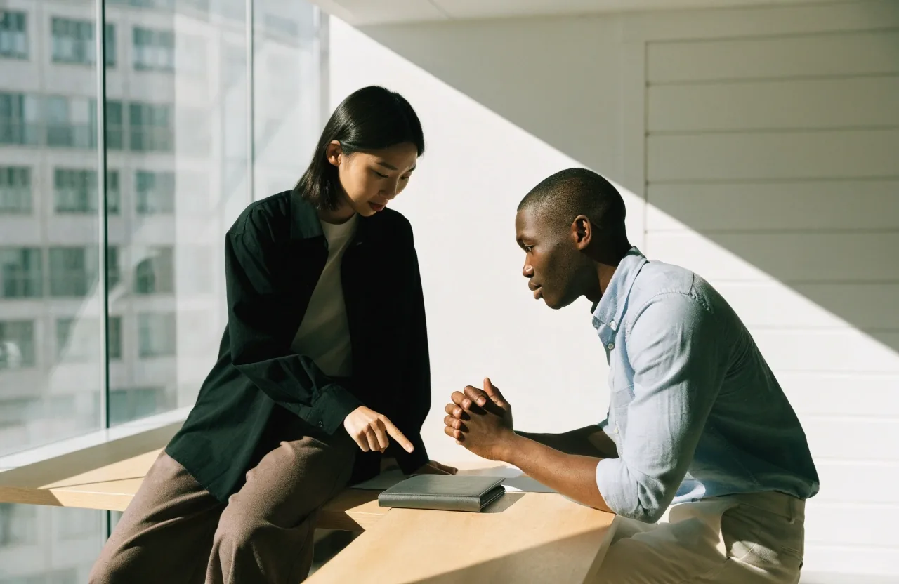 Two colleagues reviewing a document together at a plain table