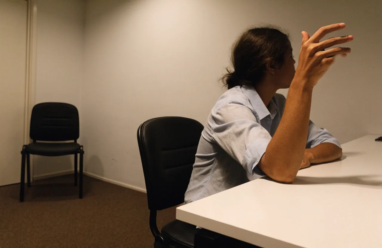 Close view of hands typing a message on a laptop at a plain desk