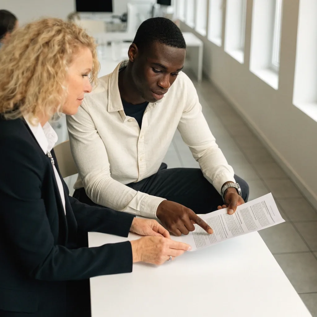 Two colleagues reviewing a printed policy document together at a table in a bright office