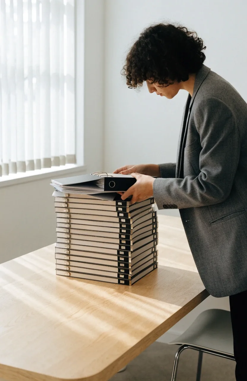 A quiet office corridor with one open door onto a small documentation room and stacked binders