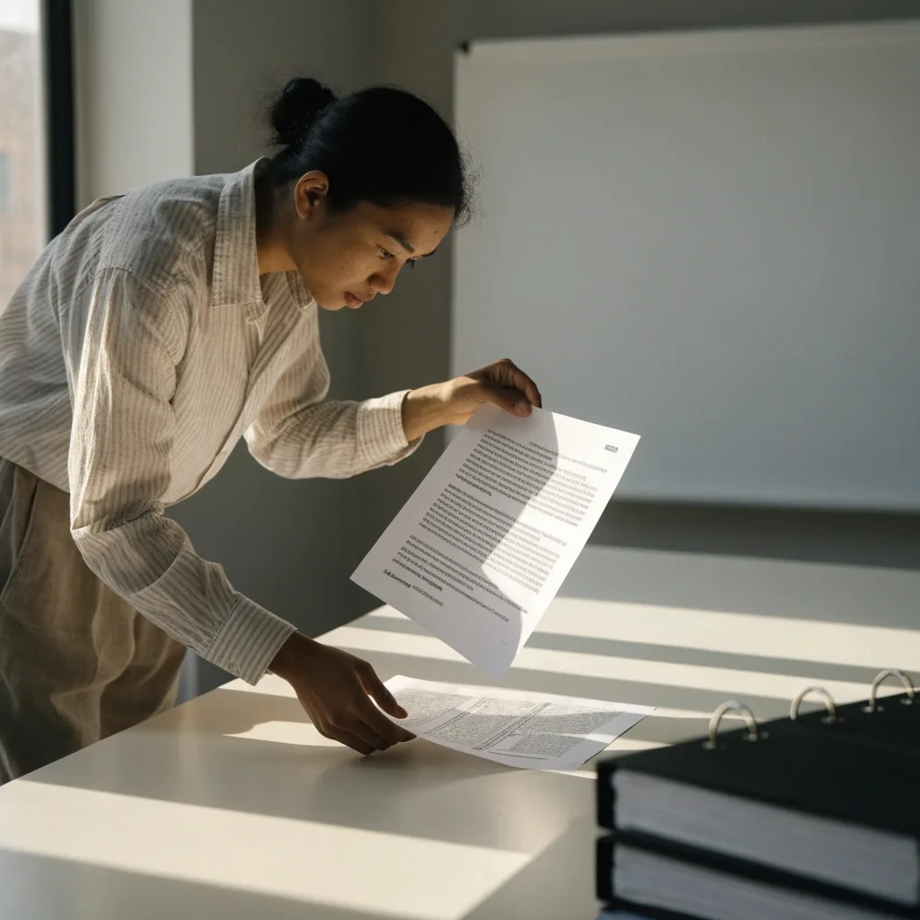A reviewer comparing two printed versions of a policy document at a desk
