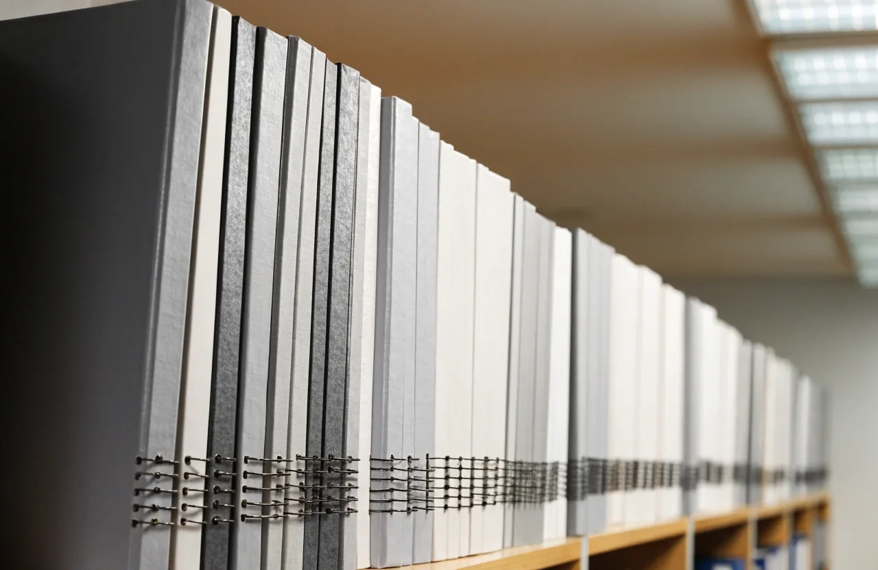 Rows of bound policy binders on a shelf in an office records room, one pulled forward