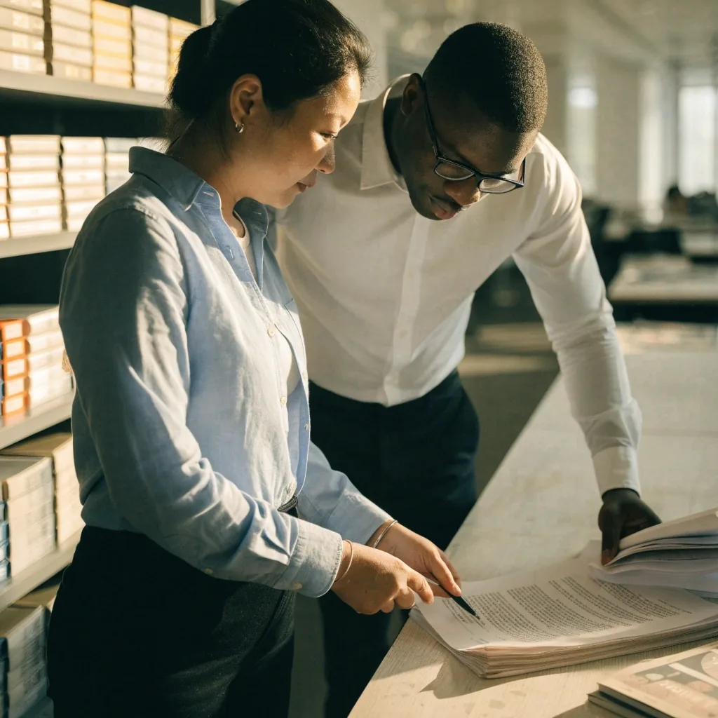 Two documentation specialists reviewing a printed policy handbook together at a table in a bright office