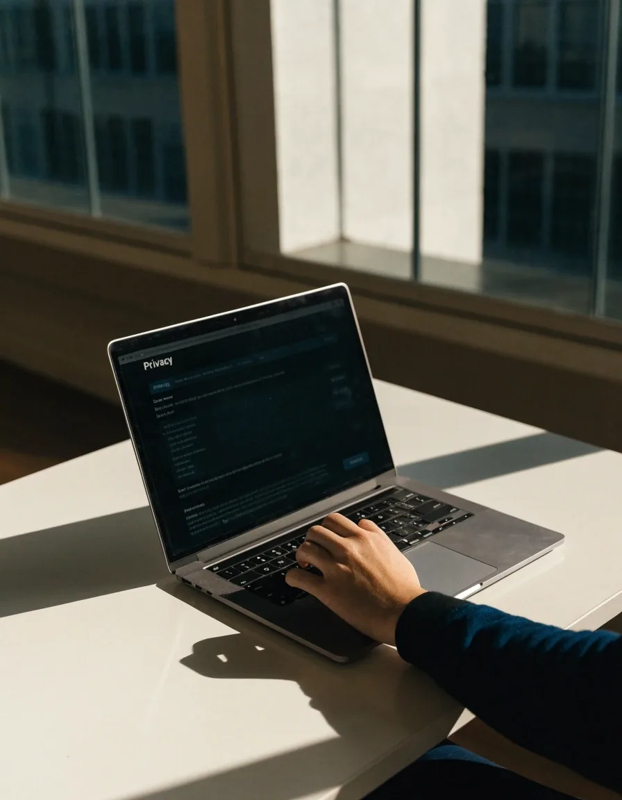 A hand adjusting privacy settings on a laptop at a plain desk in daylight