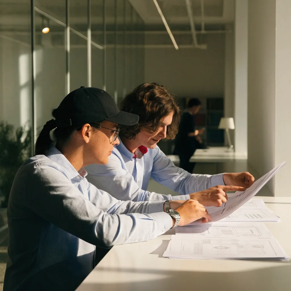 Two colleagues reviewing printed documentation pages together at a desk in a bright office
