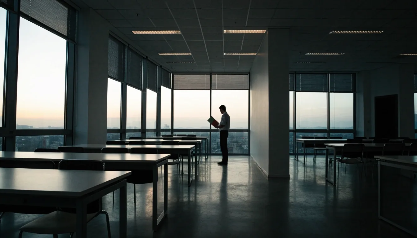 A person walking down a quiet office corridor carrying a closed folder at the end of the day