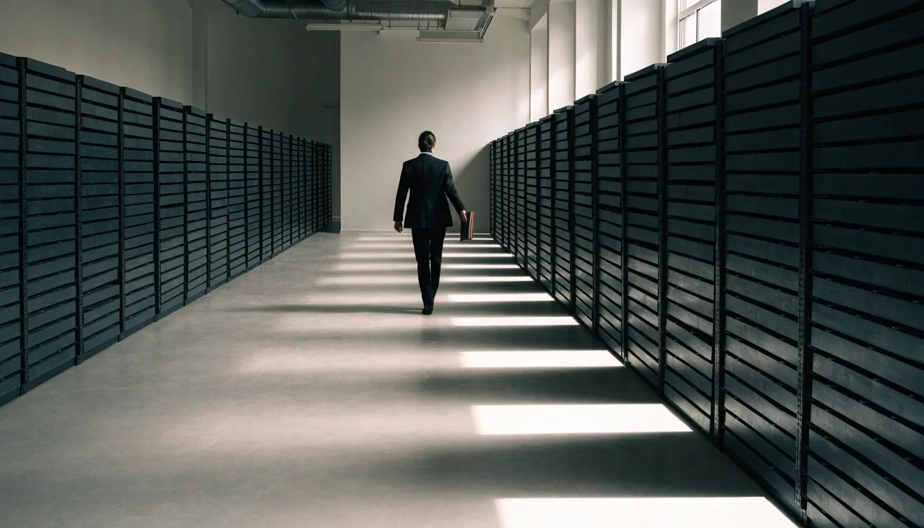 A records officer placing a bound policy volume on a table in a quiet institutional records room