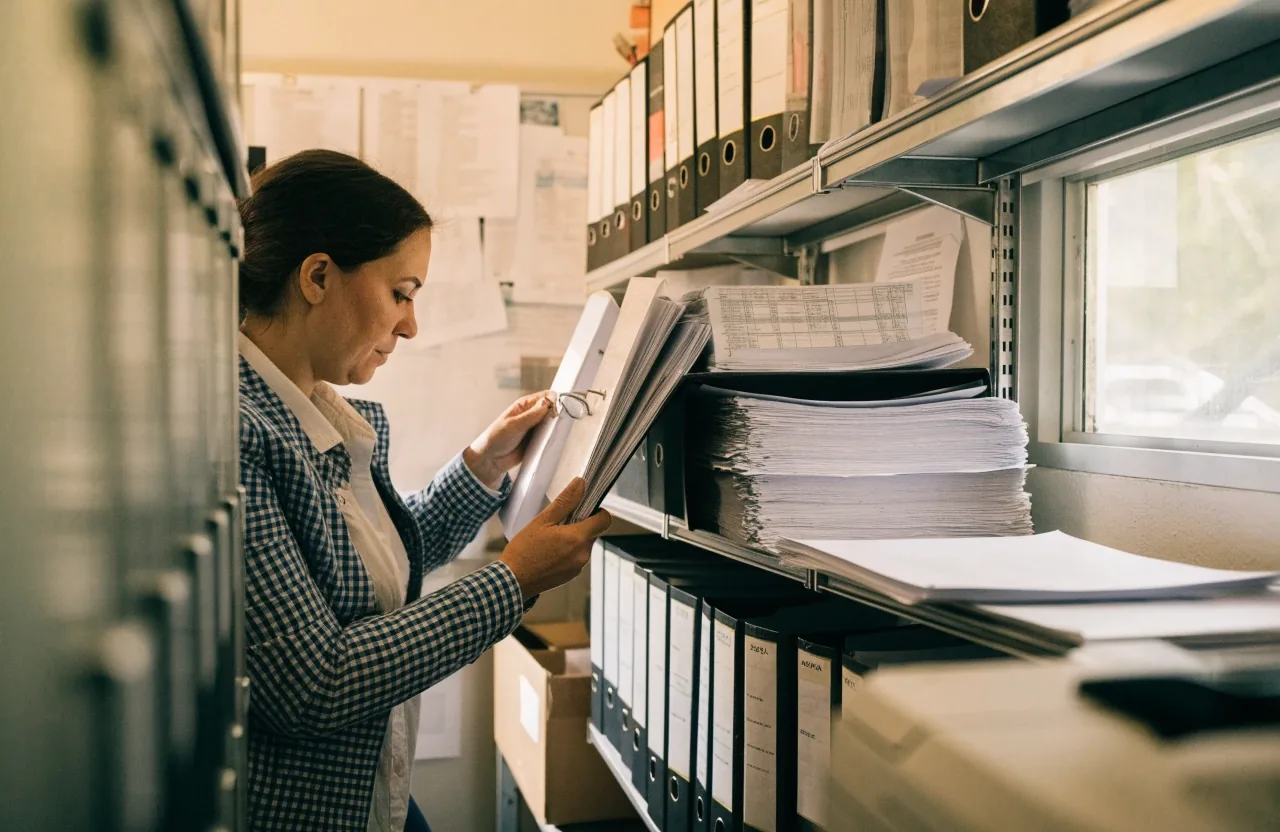 A person filing printed policy pages into ring binders on an open shelf in a bright office