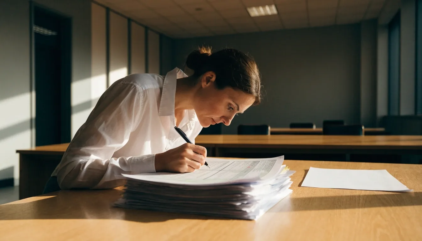 A person reviewing loose policy drafts at a long table in a quiet administrative reading room