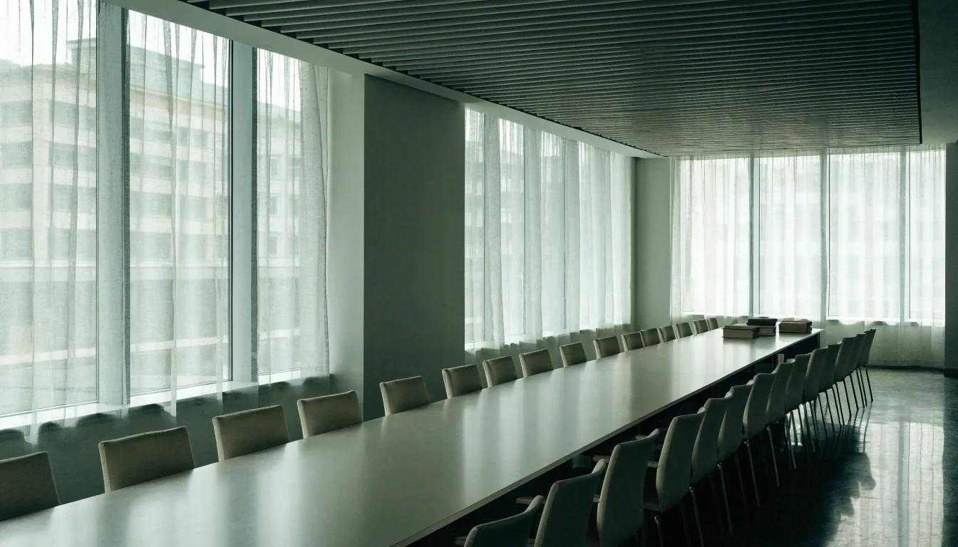 An empty modern conference room after a policy review meeting, with closed folders squared up on a long table