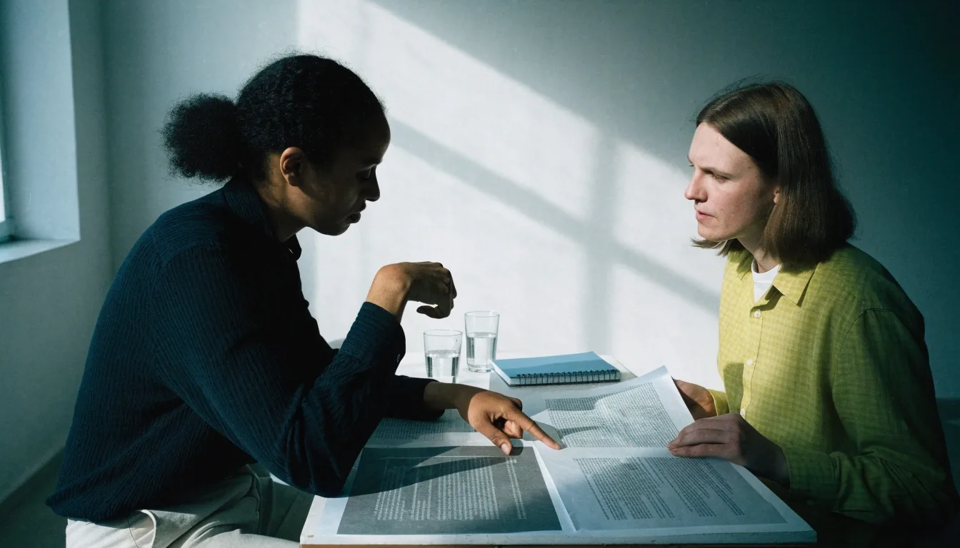 Two colleagues comparing two printed documents side by side at a small table in a plain meeting room