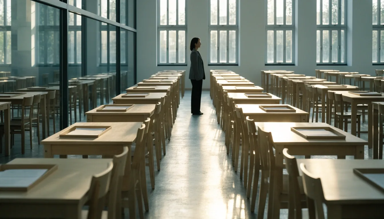 A quiet reading room with tall windows and empty rows of plain tables