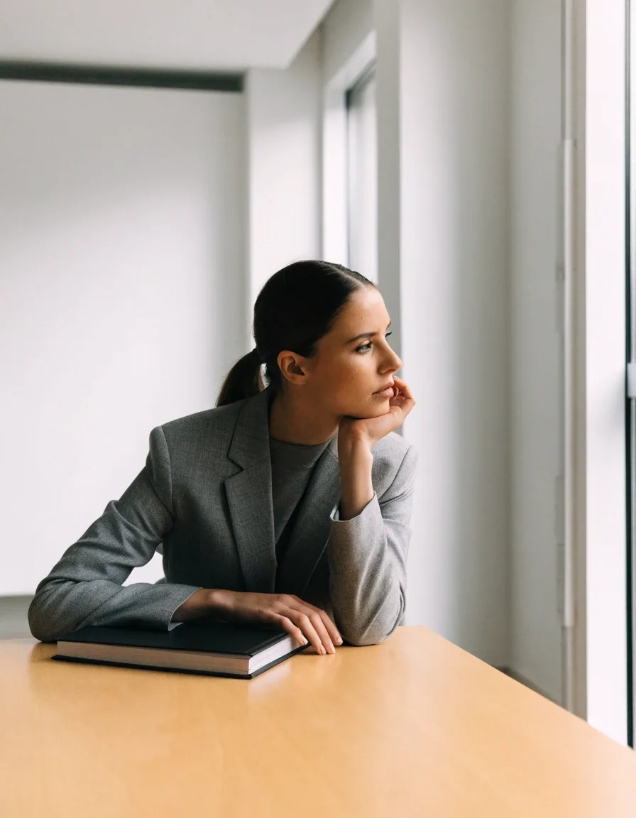 A person reviewing a printed policy document at a plain table in a bright office