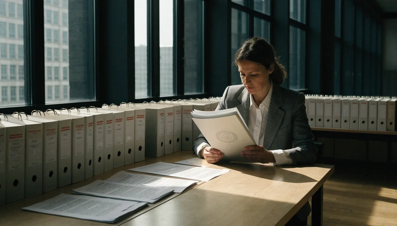 A woman reviewing bound policy volumes in a quiet documentation reading room