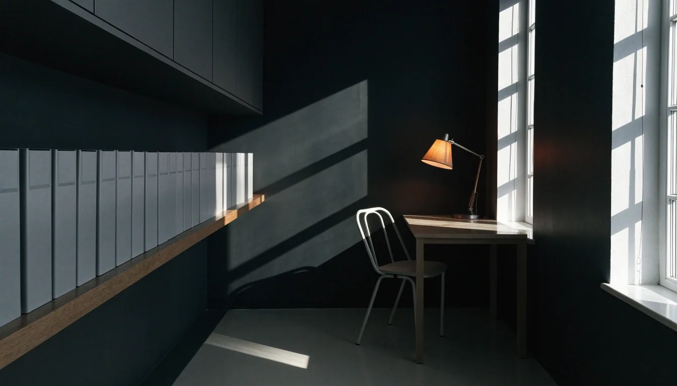 An after-hours documentation reading room with binders stacked along the wall