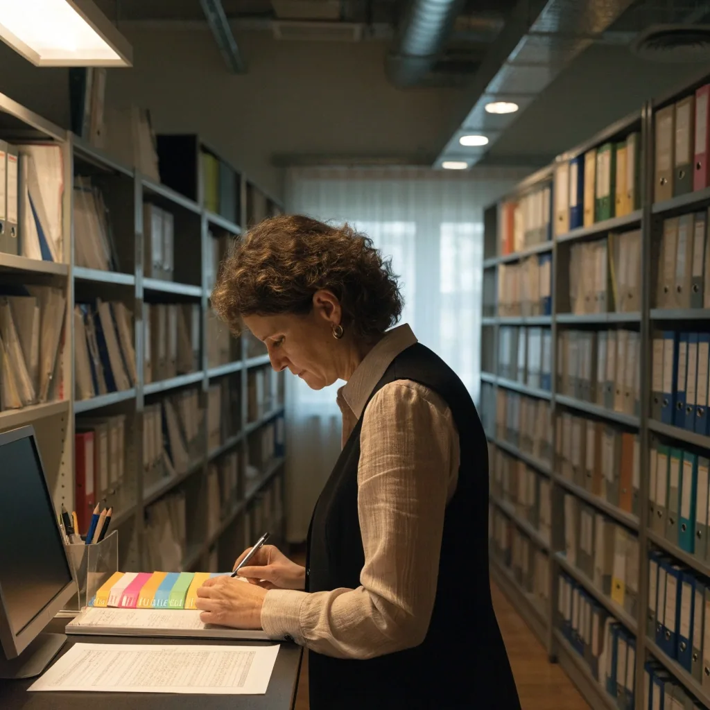 Archivist checking a binder index in a records office