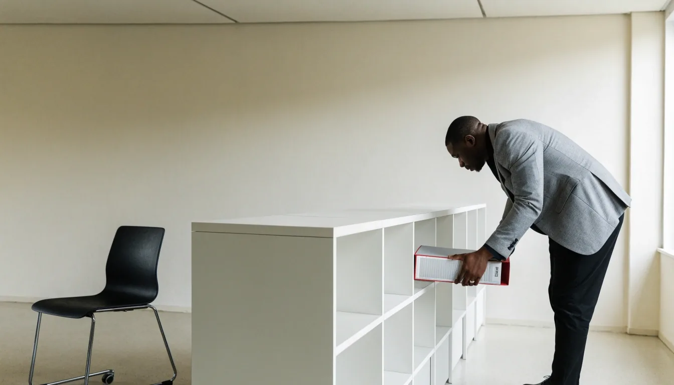 Hands adjusting ring binders of policy documentation on a work table